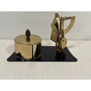 Vintage brass postal letter scale with lidded stamp box desk set on black base